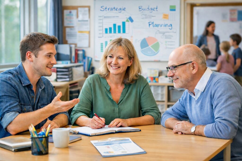 Docenten overleggen samen over bedrijfsvoering, beleid en organisatie binnen de school