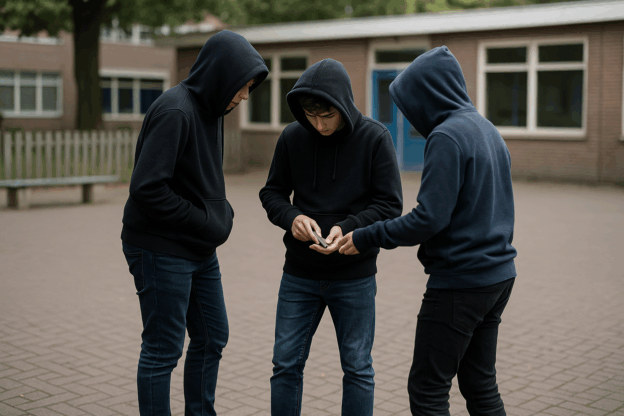 Jongens-met-capuchons-op-schoolplein