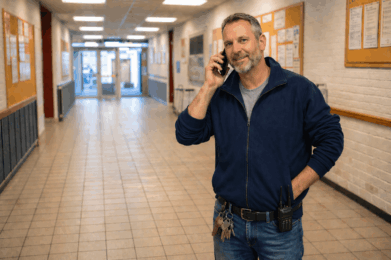 Conciërge met sleutelbos en portofoon in schoolgang als aanspreekpunt voor veiligheid en toezicht