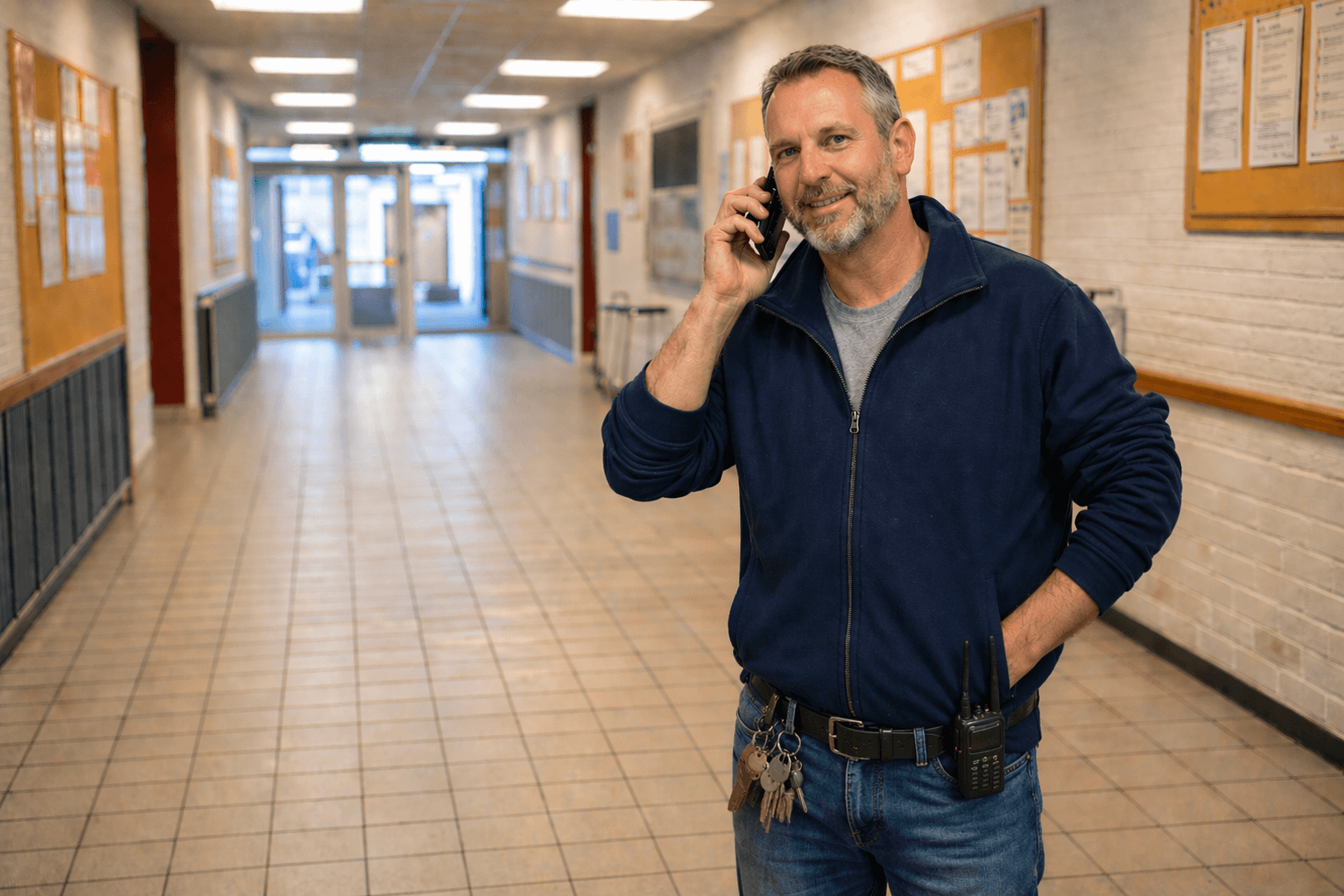 Conciërge met sleutelbos en portofoon in schoolgang als aanspreekpunt voor veiligheid en toezicht