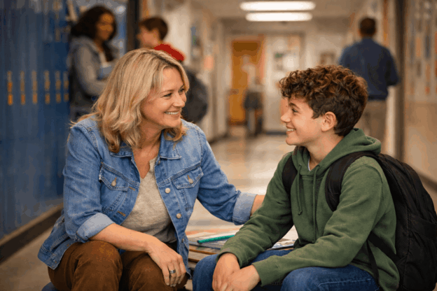 Onderwijs ondersteunend professional in gesprek met leerling in schoolgang, gericht op talentontwikkeling en pedagogisch handelen