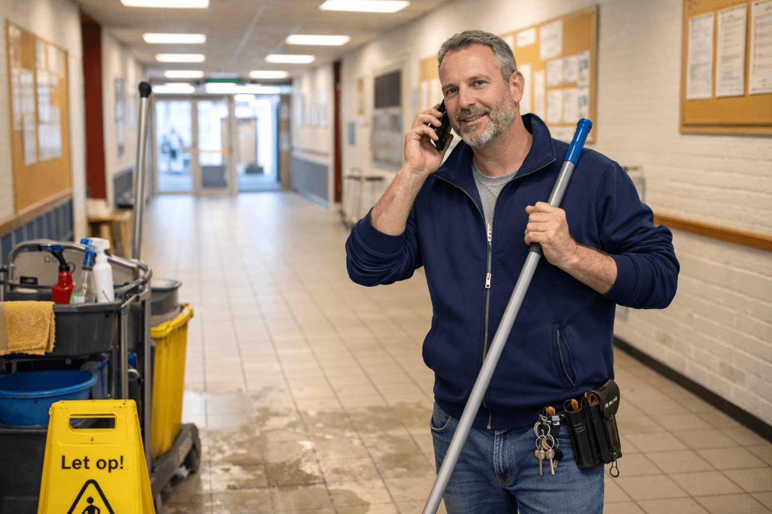 Conciërge in schoolgang met schoonmaakkar en waarschuwingsbord natte vloer tijdens werkdag in het onderwijs