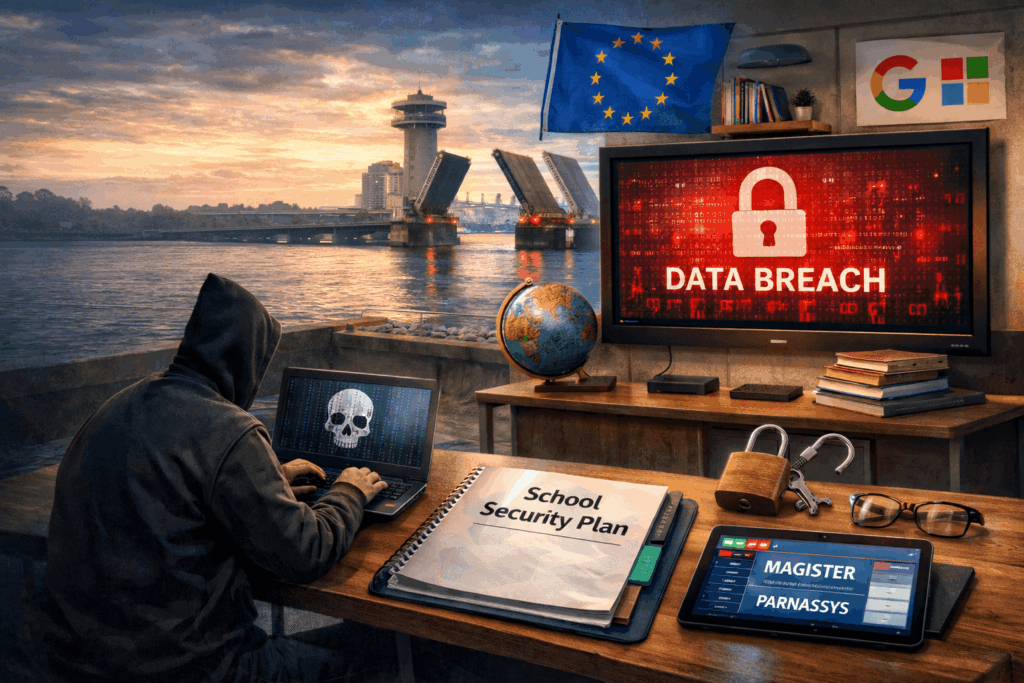 Hacker met laptop in klaslokaal met smartboard dat datalek toont en schooladministratie op tablet, symbool voor cybersecurity risico’s in onderwijs