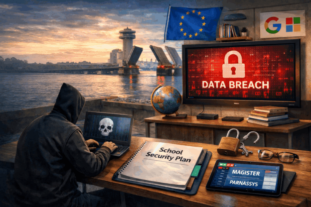 Hacker met laptop in klaslokaal met smartboard dat datalek toont en schooladministratie op tablet, symbool voor cybersecurity risico’s in onderwijs