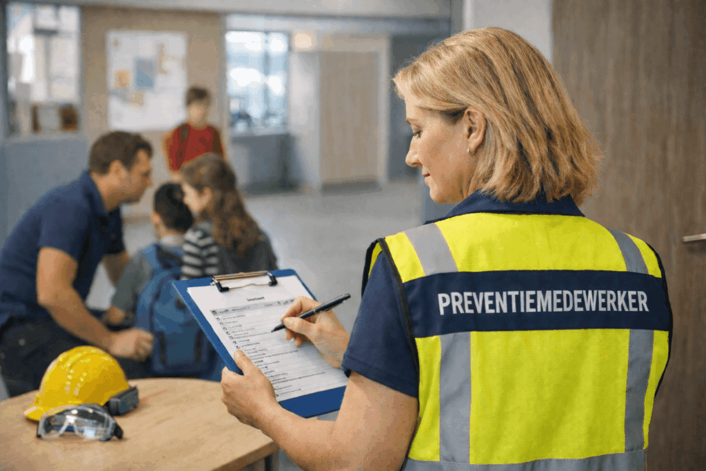 Preventiemedewerker in het onderwijs controleert een veiligheidschecklist