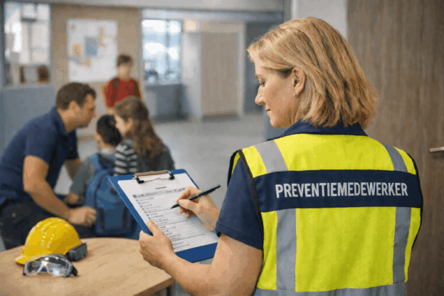 Preventiemedewerker in het onderwijs controleert een veiligheidschecklist