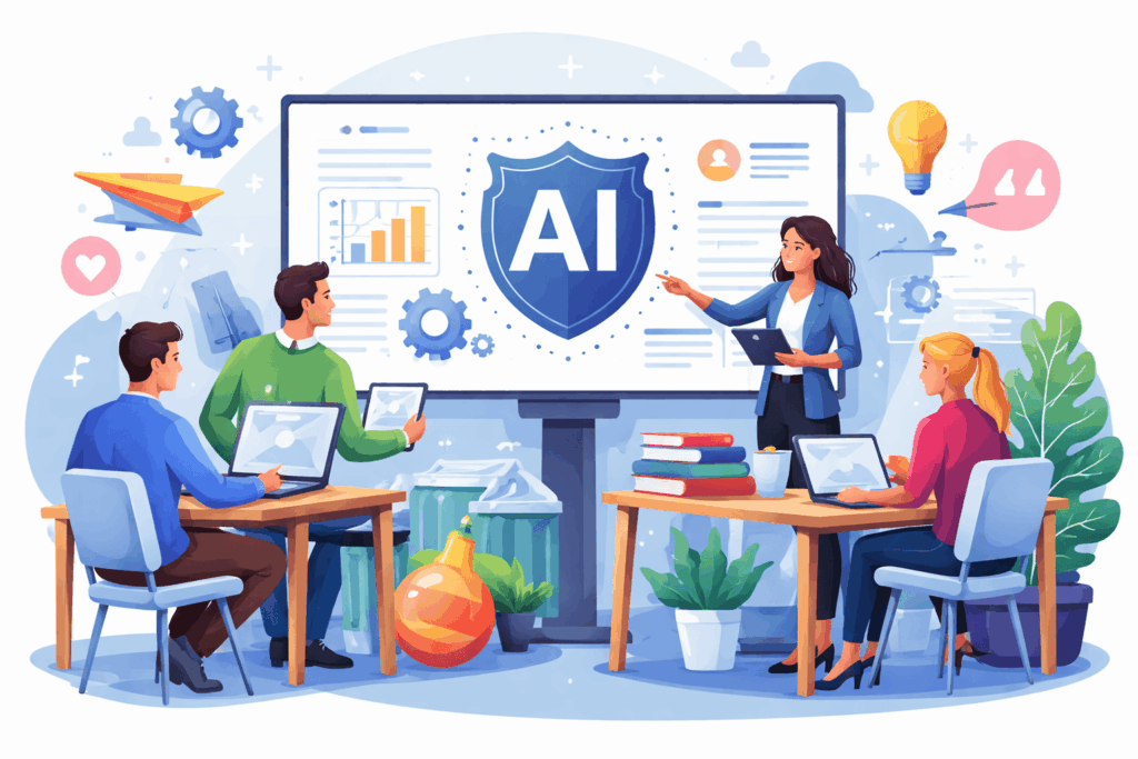Illustratie van onderwijsprofessionals die in een klaslokaal samenwerken rond verantwoord gebruik van AI in het onderwijs.