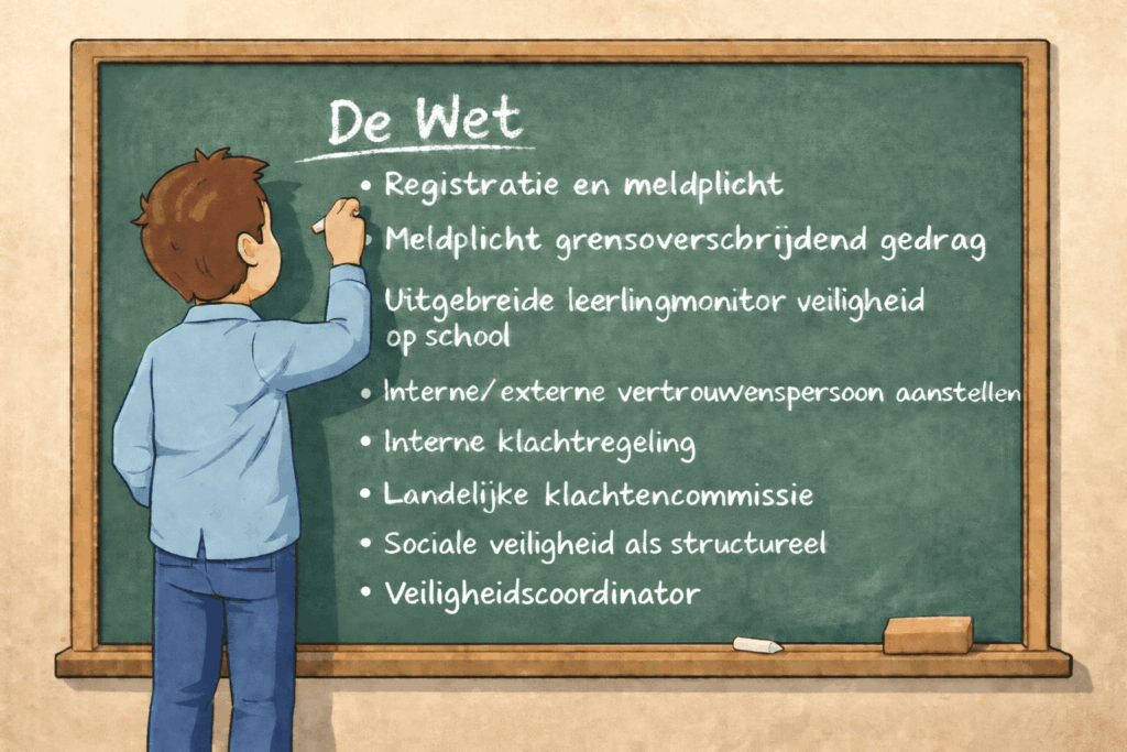 Illustratie van een veiligheidscoördinator die de Wet vrij en veilig onderwijs uitlegt op een krijtbord in een schoolomgeving