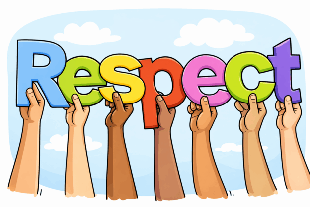 Cartoon illustratie van diverse handen die het woord respect vasthouden als symbool voor sociale veiligheid en de Wet Vrij en Veilig Onderwijs