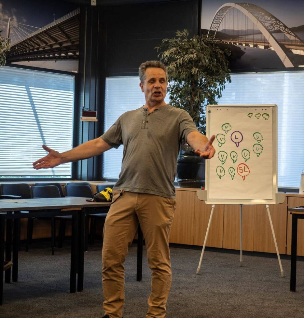 Man geeft presentatie bij flip-over in vergaderruimte