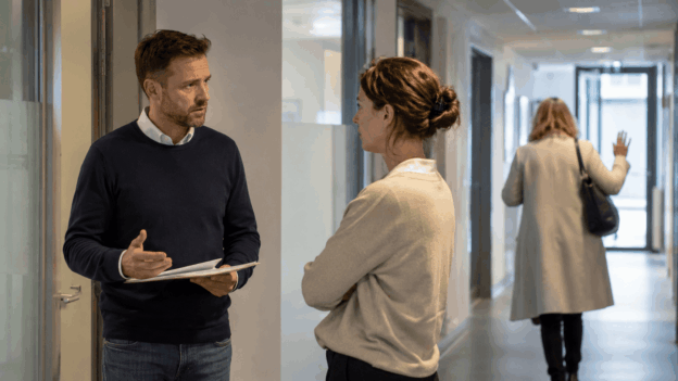 Schoolmedewerkers voeren een ernstig gesprek in een gang terwijl een ouder op de achtergrond vertrekt.