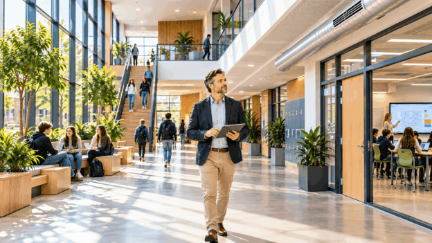 Man met tablet in moderne, groene kantoorruimte